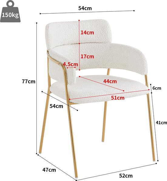 Jídelní židle Fortuna Lai (2 ks), moderní jídelní židle se zlatými nohami, židle do obývacího pokoje, jídelny a ložnice, ergonomická židle, židle, béžová barva