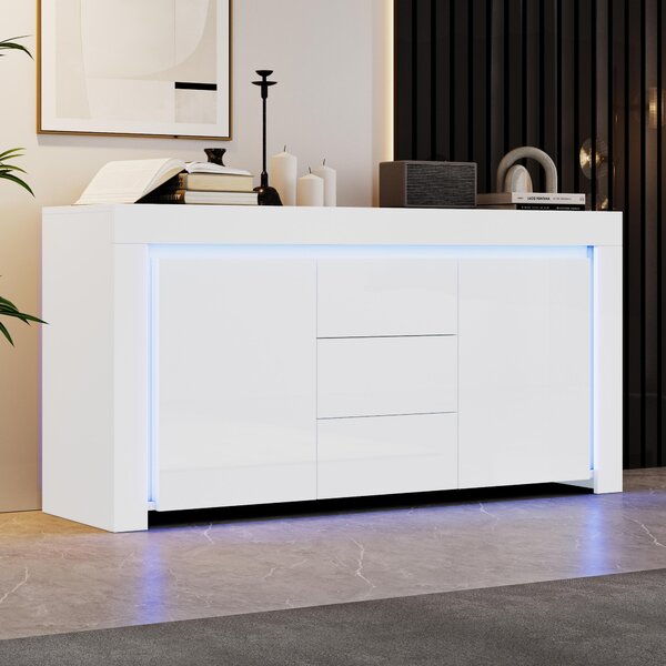 Sweiko 140x40x65cm skříňka do obývacího pokoje,Moderní komoda se 3 zásuvkami, 2 dvířka,Šířka 140 cm,Boční skříňka ve vysokém lesku s LED světelným páskem,Příborník s úložným prostorem,Vhodná do předsíně, obývacího pokoje, kanceláře,Bílá barva