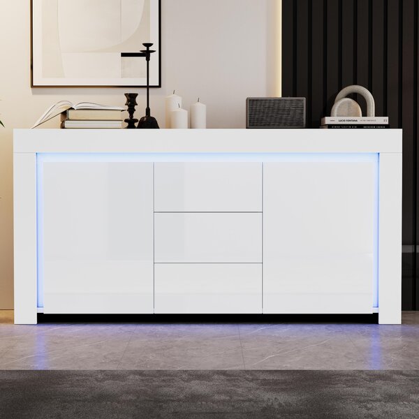 Sweiko 140x40x65cm skříňka do obývacího pokoje,Moderní komoda se 3 zásuvkami, 2 dvířka,Šířka 140 cm,Boční skříňka ve vysokém lesku s LED světelným páskem,Příborník s úložným prostorem,Vhodná do předsíně, obývacího pokoje, kanceláře,Bílá barva