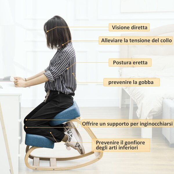 Vinsetto Ergonomická Kolenní Židle z Březového Dřeva, Křeslo pro Udržení Správného Držení Těla s Paměťovou Pěnou a Polyesterovým Polštářem pro Domov a