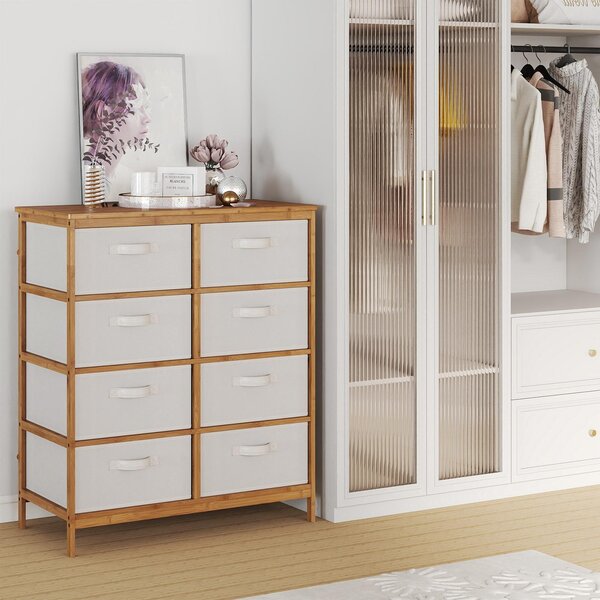 Komoda COSTWAY s 8 vyjímatelnými látkovými zásuvkami a bambusovým rámem, skříňka se zásuvkami, látka, komoda, 80 x 40 x 94 cm