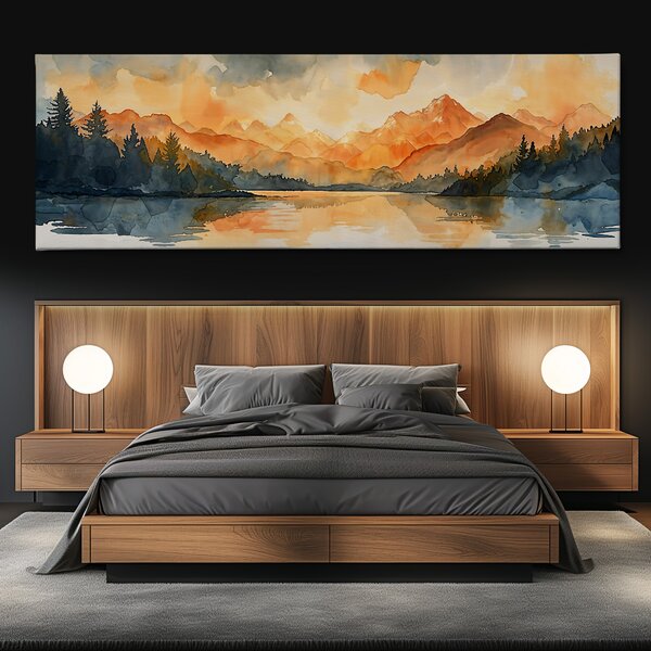 Obraz na plátně - Rozbřesk nad horským jezerem FeelHappy.cz Velikost obrazu (šířka x výška): 150 x 50 cm