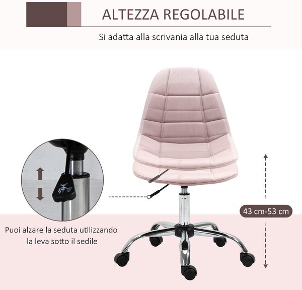Vinsetto Otočná Kancelářská Židle, Ergonomický a Nastavitelný Design Bez Opěrek, Růžová, 59x59x81-91cm | Aosom