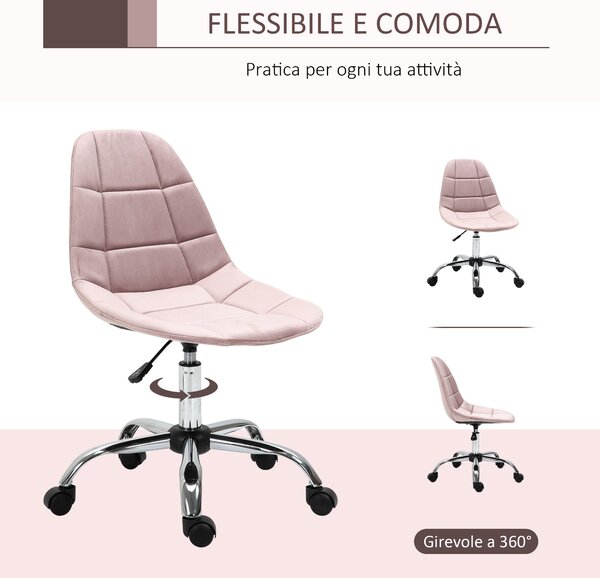 Vinsetto Otočná Kancelářská Židle, Ergonomický a Nastavitelný Design Bez Opěrek, Růžová, 59x59x81-91cm | Aosom