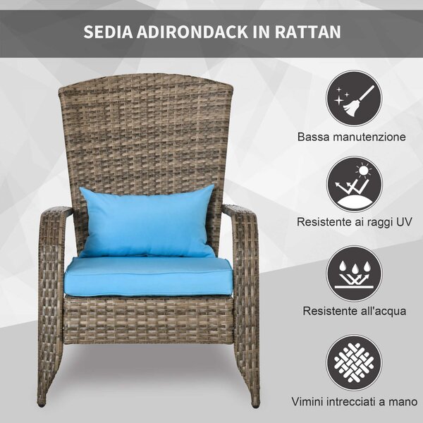 Zahradní křeslo Adirondack Outsunny s područkami a polštáři, ratan a ocel, 64x80x90 cm, Hnědé a Modré | Aosom