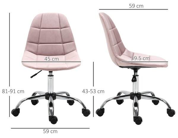 Vinsetto Otočná Kancelářská Židle, Ergonomický a Nastavitelný Design Bez Opěrek, Růžová, 59x59x81-91cm | Aosom
