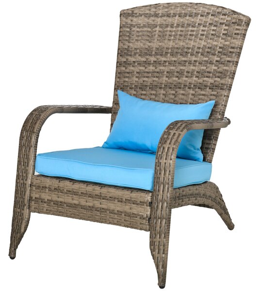 Zahradní křeslo Adirondack Outsunny s područkami a polštáři, ratan a ocel, 64x80x90 cm, Hnědé a Modré | Aosom