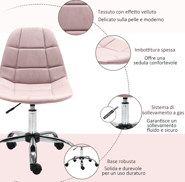 Vinsetto Otočná Kancelářská Židle, Ergonomický a Nastavitelný Design Bez Opěrek, Růžová, 59x59x81-91cm | Aosom