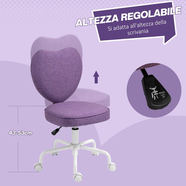 HOMCOM Židle k Psacímu Stolu ve Tvaru Srdce, Kancelářská Židle s 5 Otáčivými Kolíčky a Nastavitelnou Výškou v Textilu, 40x50x79-89cm, Fialová | Aosom