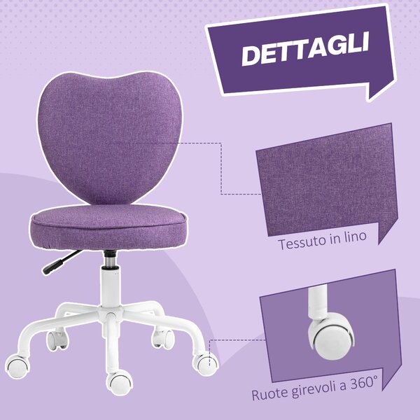 HOMCOM Židle k Psacímu Stolu ve Tvaru Srdce, Kancelářská Židle s 5 Otáčivými Kolíčky a Nastavitelnou Výškou v Textilu, 40x50x79-89cm, Fialová | Aosom