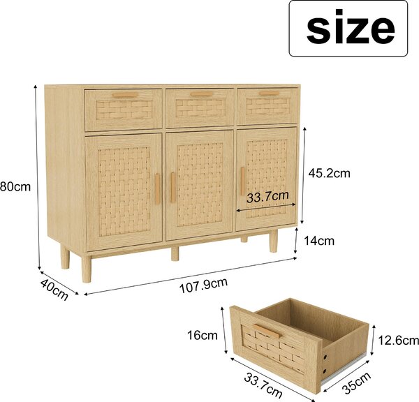 UnboxG Masivní dřevěná komoda z dubového dřeva 107,9 x 40 x 80 cm – komoda se 3 zásuvkami a 3 dvířky, skříň do ložnice, obývací pokoj, stabilní a moderní nábytek