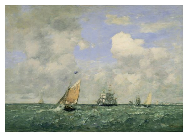 Skleněný obraz - Eugène Boudin, Ships and Sailing Boats Leaving Le Havre, reprodukce (70x50 cm)
