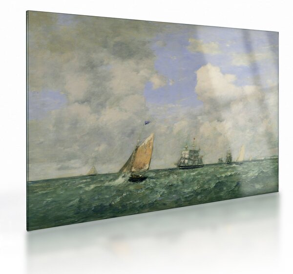 Skleněný obraz - Eugène Boudin, Ships and Sailing Boats Leaving Le Havre, reprodukce (70x50 cm)