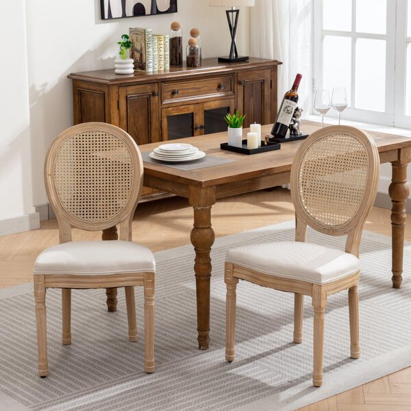 Sada 2 jídelních židlí LVHOM, model Medaillon, s vídeňským propletením, polstrované, z lněného materiálu, ve stylu francouzské venkovské kuchyně, vintage design, dřevěné, vhodné do kuchyně, barva béžová