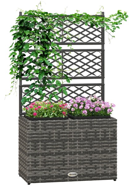 Outsunny Zahradní Truhlík s Trellis pro Popínavé Rostliny, Vyvýšený Truhlík se 2 Vnitřními Květináči, Ocelový Rám a PE Ratan, 57x30x107cm, Šedá | Aoso