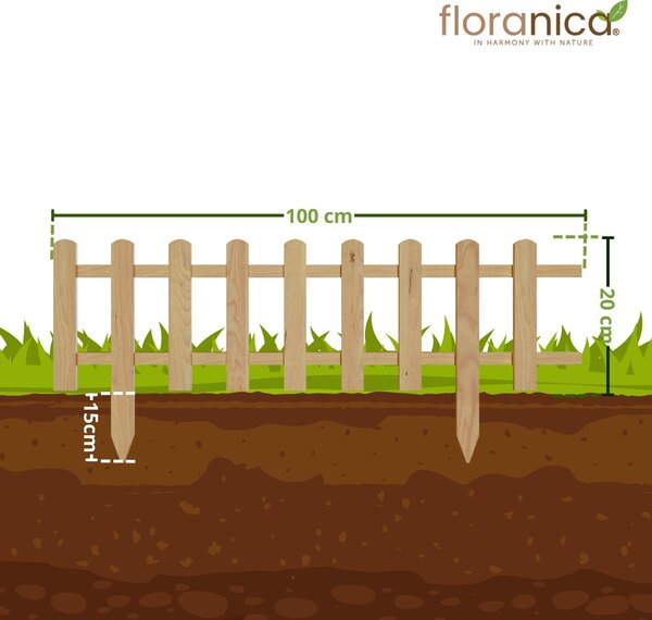 Floranica ozdobný plot ze dřeva 100 x 20 cm přírodní (impregnovaný) zapichovací zahradní plot pro ohraničení záhonů, okraj trávníku