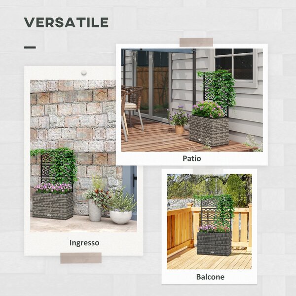 Outsunny Zahradní Truhlík s Trellis pro Popínavé Rostliny, Vyvýšený Truhlík se 2 Vnitřními Květináči, Ocelový Rám a PE Ratan, 57x30x107cm, Šedá | Aoso