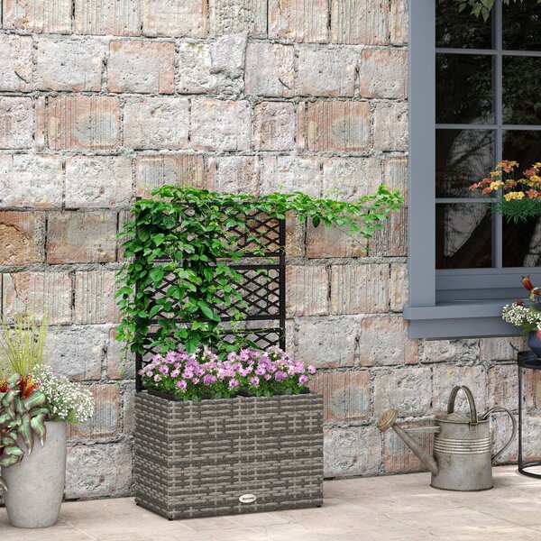 Outsunny Zahradní Truhlík s Trellis pro Popínavé Rostliny, Vyvýšený Truhlík se 2 Vnitřními Květináči, Ocelový Rám a PE Ratan, 57x30x107cm, Šedá | Aoso