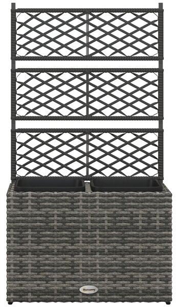 Outsunny Zahradní Truhlík s Trellis pro Popínavé Rostliny, Vyvýšený Truhlík se 2 Vnitřními Květináči, Ocelový Rám a PE Ratan, 57x30x107cm, Šedá | Aoso