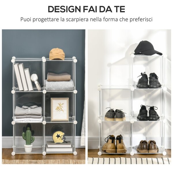 HOMCOM Modulární botník šetřící prostor se stohovatelným designem, 6 boxů z PP plastu, 65x32x95cm, Transparentní | Aosom