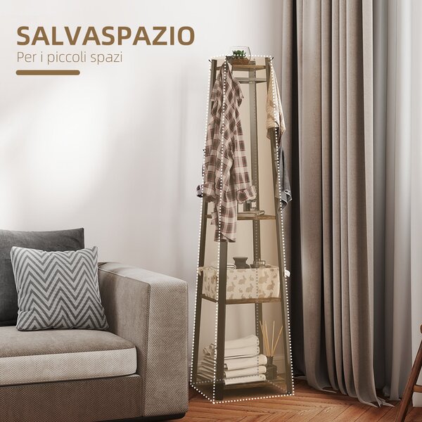 HOMCOM Stojan na kabáty se 8 háčky, 3 policemi a horní policí, trapezoidní design pro předsíň, ložnici a obývací pokoj, 34x34x170 cm, rustikální hnědá
