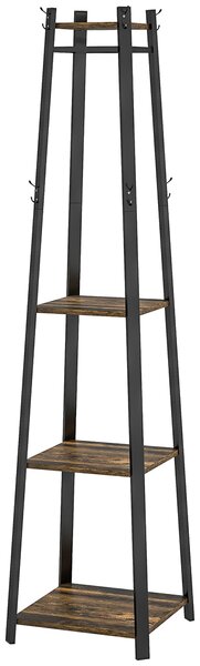 HOMCOM Stojan na kabáty se 8 háčky, 3 policemi a horní policí, trapezoidní design pro předsíň, ložnici a obývací pokoj, 34x34x170 cm, rustikální hnědá