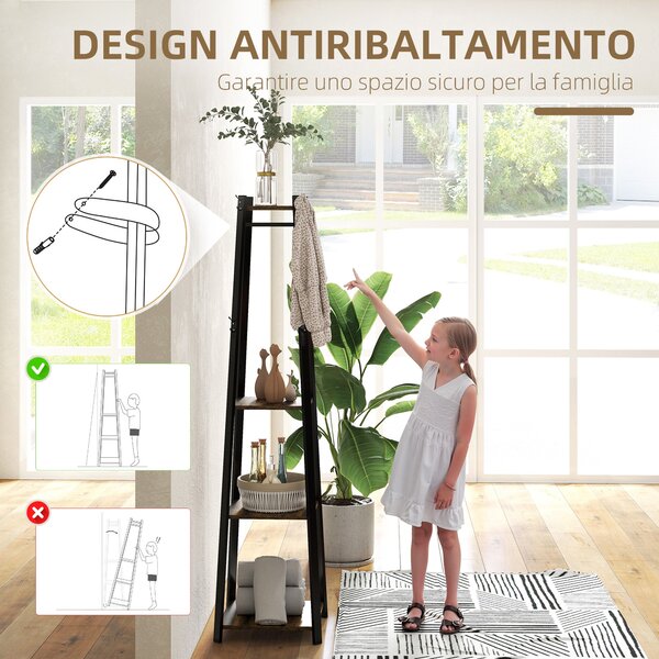 HOMCOM Stojan na kabáty se 8 háčky, 3 policemi a horní policí, trapezoidní design pro předsíň, ložnici a obývací pokoj, 34x34x170 cm, rustikální hnědá