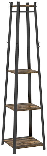 HOMCOM Stojan na kabáty se 8 háčky, 3 policemi a horní policí, trapezoidní design pro předsíň, ložnici a obývací pokoj, 34x34x170 cm, rustikální hnědá