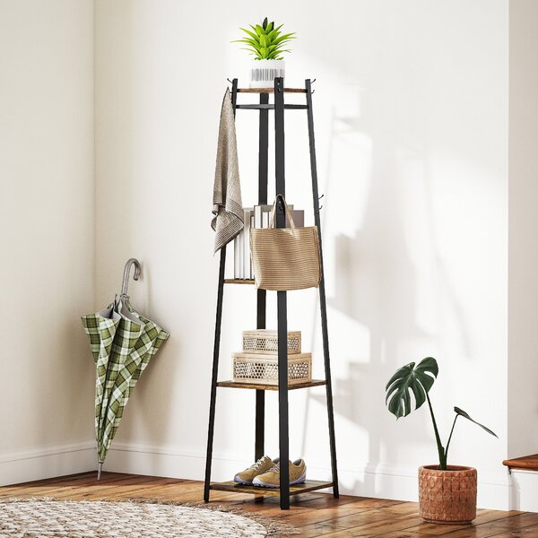 HOMCOM Stojan na kabáty se 8 háčky, 3 policemi a horní policí, trapezoidní design pro předsíň, ložnici a obývací pokoj, 34x34x170 cm, rustikální hnědá