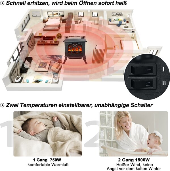 UISEBRT Elektrický krb Elektrický krb s efektem plamene Krbová kamna LED Topení 750W/1500W Stojanový krbový ohřívač černý