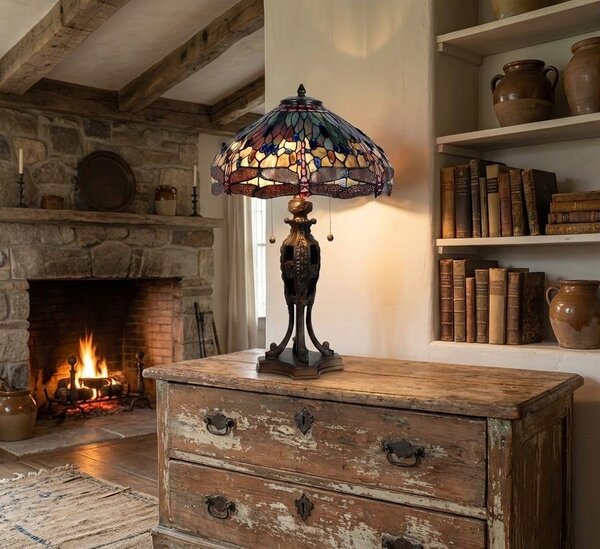 Stolní lampa Tiffany Dark dragonfly - Ø 42*64 cm - Clayre & Eef