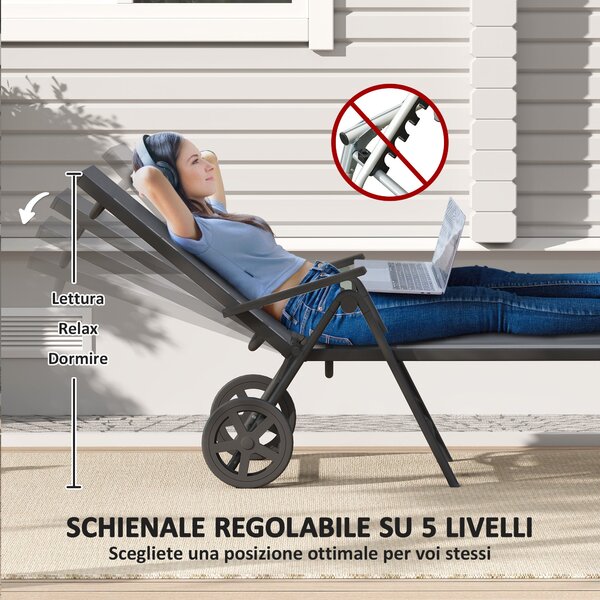 Skládací sluneční lehátko Outsunny s koly a nastavitelným opěradlem v 5 úrovních, prodyšný textilene 550g/m², zahradní lehátko na pláž, k bazénu nebo