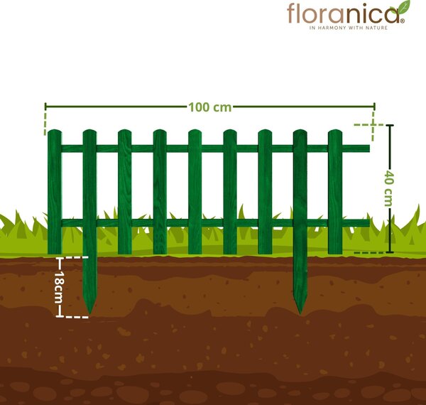 Floranica 4 ks ozdobný plot ze dřeva 100 x 40 cm zelený (impregnovaný) zapichovací zahradní plot pro ohraničení záhonů, okraj trávníku