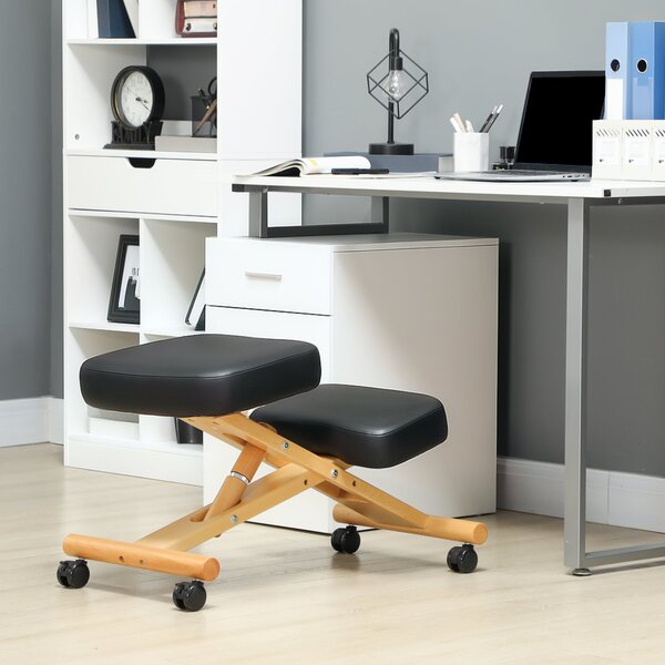 HOMCOM Ergonomická Výškově Nastavitelná Kolenní Židle, Ergonomická Židle do Kanceláře a Domova, Dřevěný Kolenní Stolek na Kolečkách, Černá | Aosom