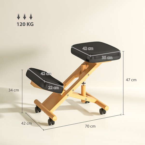 HOMCOM Ergonomická Výškově Nastavitelná Kolenní Židle, Ergonomická Židle do Kanceláře a Domova, Dřevěný Kolenní Stolek na Kolečkách, Černá | Aosom