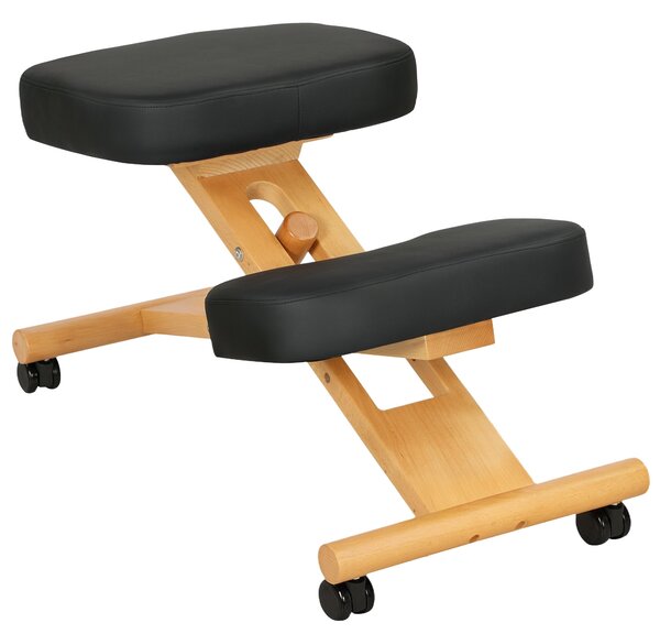 HOMCOM Ergonomická Výškově Nastavitelná Kolenní Židle, Ergonomická Židle do Kanceláře a Domova, Dřevěný Kolenní Stolek na Kolečkách, Černá | Aosom