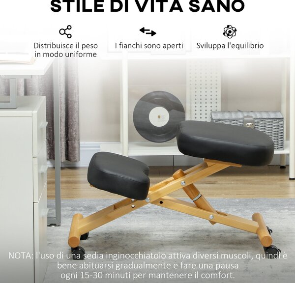 HOMCOM Ergonomická Výškově Nastavitelná Kolenní Židle, Ergonomická Židle do Kanceláře a Domova, Dřevěný Kolenní Stolek na Kolečkách, Černá | Aosom
