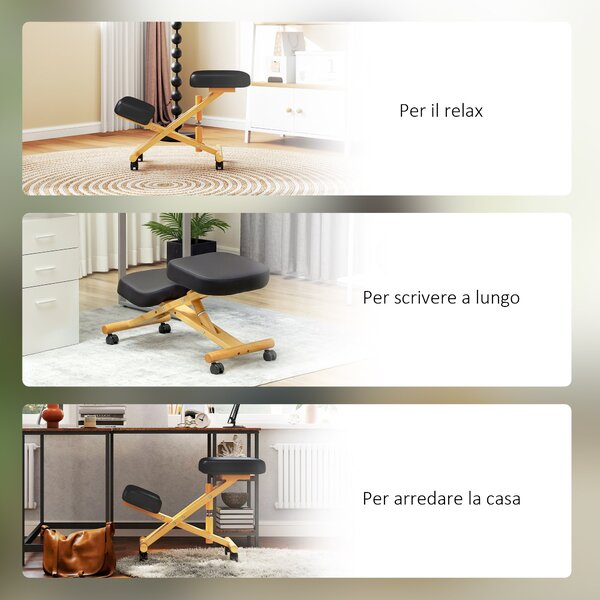 HOMCOM Ergonomická Výškově Nastavitelná Kolenní Židle, Ergonomická Židle do Kanceláře a Domova, Dřevěný Kolenní Stolek na Kolečkách, Černá | Aosom