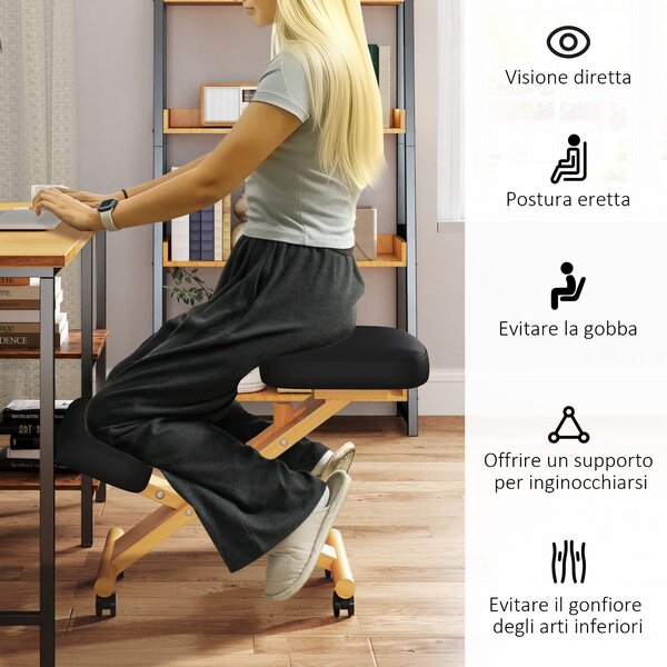 HOMCOM Ergonomická Výškově Nastavitelná Kolenní Židle, Ergonomická Židle do Kanceláře a Domova, Dřevěný Kolenní Stolek na Kolečkách, Černá | Aosom
