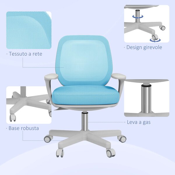 Ergonomická židle Vinsetto z prodyšného materiálu s 5 kolečky, nastavitelná kancelářská židle, 55x48x82.5-94.5 cm, modrá | Aosom