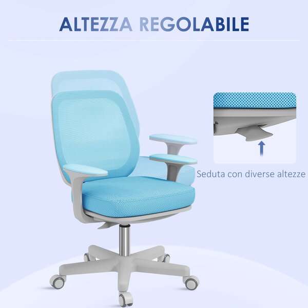 Ergonomická židle Vinsetto z prodyšného materiálu s 5 kolečky, nastavitelná kancelářská židle, 55x48x82.5-94.5 cm, modrá | Aosom