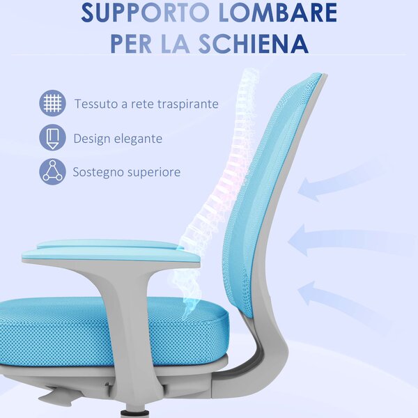 Ergonomická židle Vinsetto z prodyšného materiálu s 5 kolečky, nastavitelná kancelářská židle, 55x48x82.5-94.5 cm, modrá | Aosom