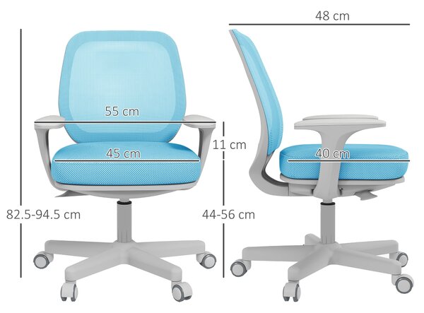 Ergonomická židle Vinsetto z prodyšného materiálu s 5 kolečky, nastavitelná kancelářská židle, 55x48x82.5-94.5 cm, modrá | Aosom