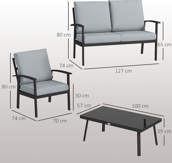 Outsunny 4-dílná hliníková zahradní pohovka, venkovní sofa pro 2 osoby, 2 křesla a skleněný konferenční stolek s odnímatelnými polštářky, antracitově