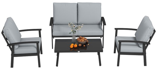 Outsunny 4-dílná hliníková zahradní pohovka, venkovní sofa pro 2 osoby, 2 křesla a skleněný konferenční stolek s odnímatelnými polštářky, antracitově