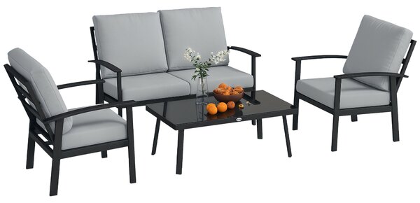 Outsunny 4-dílná hliníková zahradní pohovka, venkovní sofa pro 2 osoby, 2 křesla a skleněný konferenční stolek s odnímatelnými polštářky, antracitově