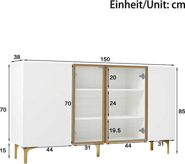 Fortuna Lai Elegantní 4dveřová komoda bílá se sklem a kovem, moderní design, bez úchytek, velký úložný prostor, komoda do obývacího pokoje, jídelny, komoda, skříň, vysoká kvalita