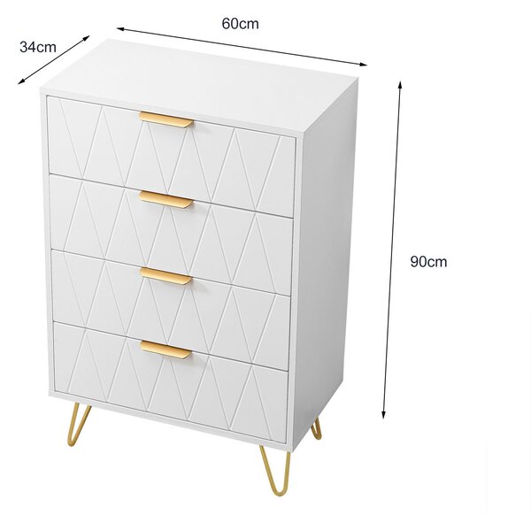 Komoda se zásuvkami, 60 x 34 x 90 cm, skříňka se 4 zásuvkami, úzká komoda, úložná komoda, skříňka do obývacího pokoje, ložnice, předsíně