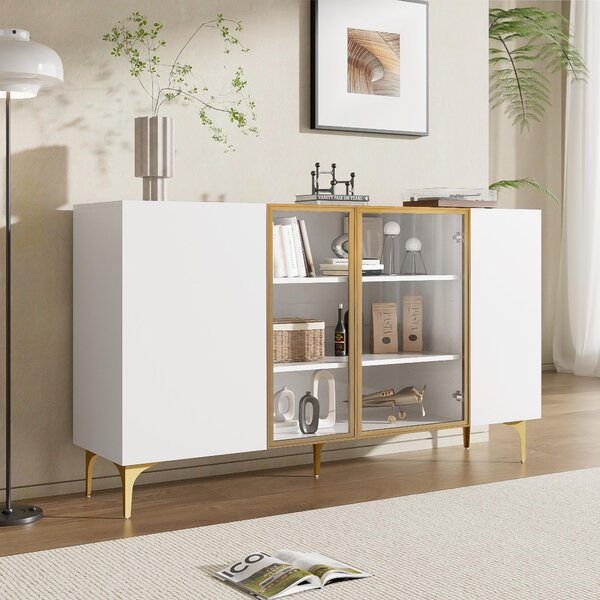 Fortuna Lai Elegantní 4dveřová komoda bílá se sklem a kovem, moderní design, bez úchytek, velký úložný prostor, komoda do obývacího pokoje, jídelny, komoda, skříň, vysoká kvalita