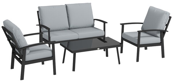 Outsunny 4-dílná hliníková zahradní pohovka, venkovní sofa pro 2 osoby, 2 křesla a skleněný konferenční stolek s odnímatelnými polštářky, antracitově